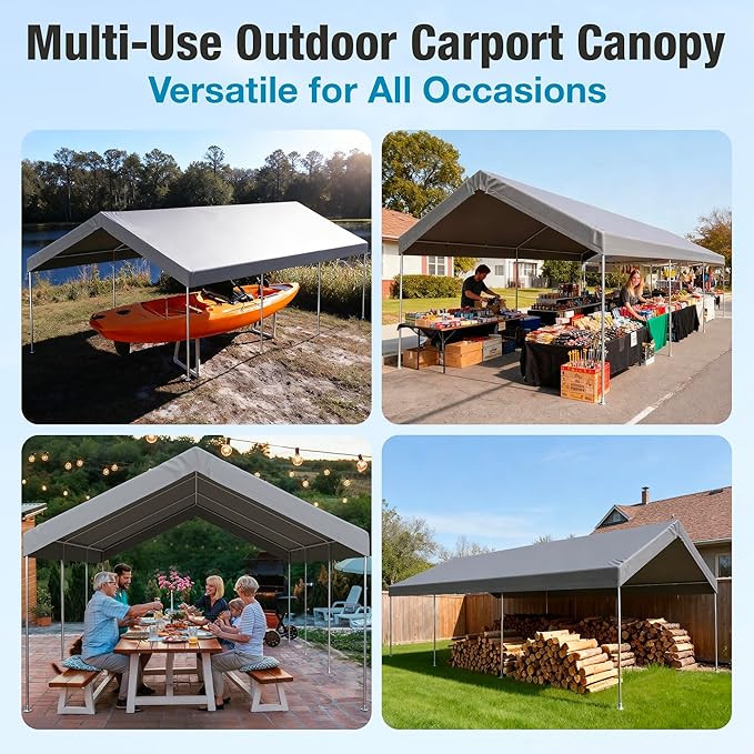 10x20 FT Carport Replacement Canopy Top Upgraded Car Port Canopy Cover for Carport Party Tent Waterproof & UV Protected, Easy Installation with Ball Bungees, Grey (Top Cover Only, Frame Not Included)