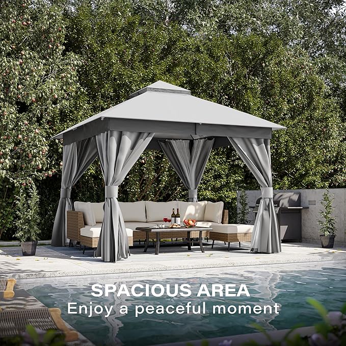 LAUSAINT HOME 10x10ft Outdoor Patio Gazebo with Double Roof, Heavy Duty Waterproof Gazebo Canopy Tent with Mosquito Netting for Backyard, Garden, Lawn & Wedding, Grey