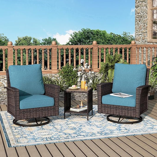 Outdoor Swivel Patio Chairs Set of 2 with Side Table, 3 Piece Wicker Highback Patio Bistro Set with Cushions for Deck Porch, Navy Blue