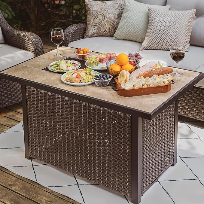 Nuu Garden 43 Inch Outdoor Propane Fire Pit Table 50000 BTU, Patio Gas Fire Pit with Ceramic Tabletop, Weather-Resistant Backyard Fire Table with Oxford Cover, Dark Brown and Coffe