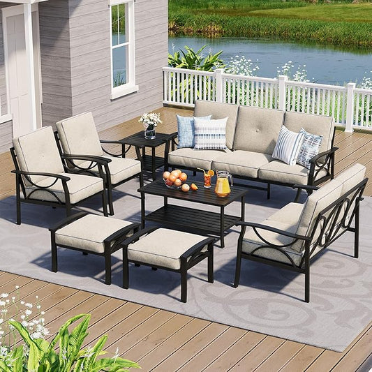 8-Piece Outdoor Patio Furniture Set, Outdoor Metal Sectional Furniture with Cushions, Outdoor Conversation Seating Set with Side Table for Deck, Backyard, Garden, Balcony, Black