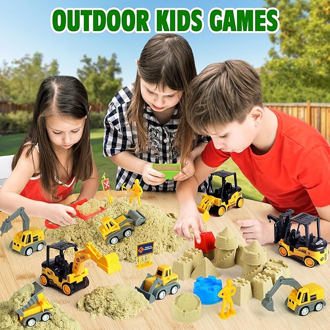 Sand Construction Kit with Big Foldable Sandbox and 2.2lbs Moldable Sensory Play Sand, Truck Toys Including Castle Molds and Other Accessories - 36Pc Set for Kids 3+