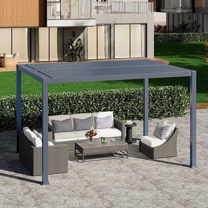 RoyalCraft 10' x 13' Louvered Pergola, Heavy-Duty Aluminum Outdoor Pergola, Metal Hardtop Gazebo with Adjustable Roof for Patio Deck Garden Yard, Grey