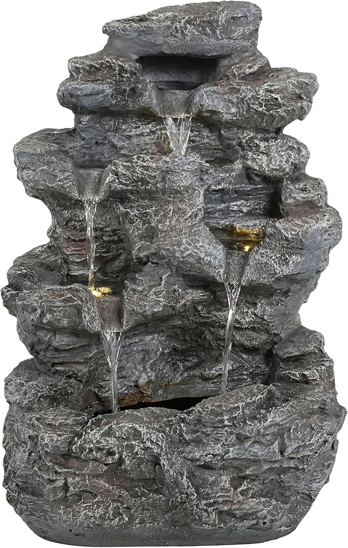 Merax 5-Tiered Concrete Tall Slim Fountain – 23.85" H LED Lit Outdoor Water Feature, Space-Saving Modern Design for Patio, Garden, Balcony, All-Weather Resistant