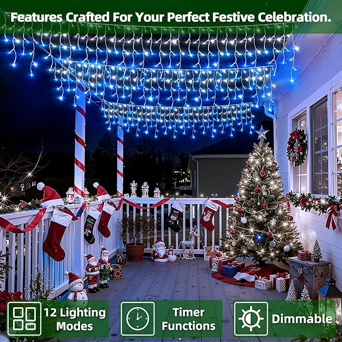 670 LED Christmas Lights with 148Drops, 66ft 12 Modes Hanging ice String Lights with Timer Dimmable & Waterproof, Plug-in Fairy Lights for Indoor Holiday Wedding Christmas Decorations Blue & CoolWhite