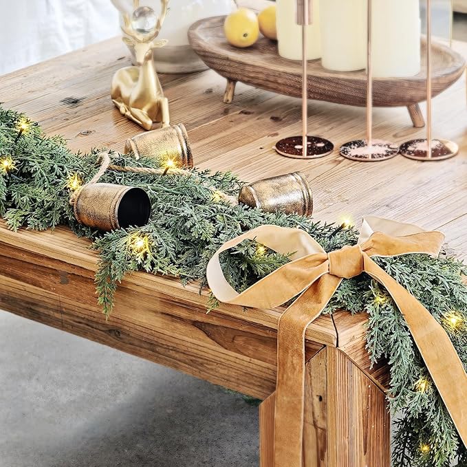 Cedar Christmas Garland for Mantle - Decorations with Lights 6 ft Realistic Lighted Faux Pine Garlands for Xmas Home Decoration Indoor Stairs Railing Fireplace Outdoor 6ft Prelit Garland Door Decor