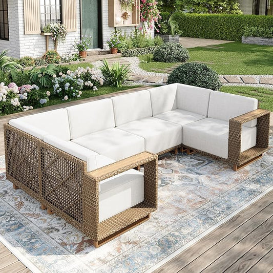 Outdoor Patio Furniture Set, 6 Piece U Shape Patio Couch Rattan Wicker Sofa, Sectional Modular Outdoor Conversation Set with 10" Extra Thick Cushions for Deck Backyard Lawn