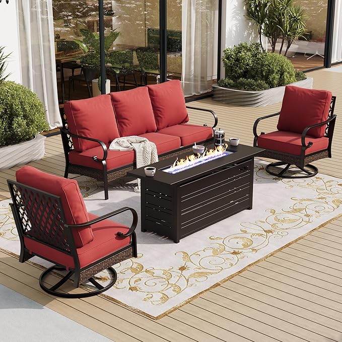 4 Piece Metal Outdoor Patio Furniture Sets with Firepit Table, Patio Conversation Sets 1 3-Seater Sofa, 2 Swivel Sofa with 5.75" Thick Cushion Backyard Furniture for Deck, Rust Red