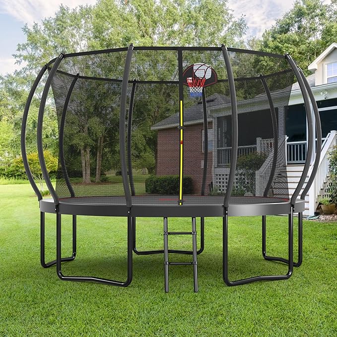 Lyromix 12 14 15 16FT Outdoor Trampolines for Kids and Adults, Pumpkin Trampolin with Curved Poles, Recreational Trampolin with Basketball Hoop and Safety Enclosure Net for Kids and Adults