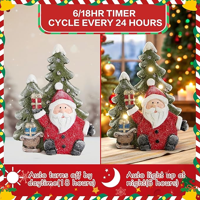 Santa Claus Statues Christmas Decorations Indoor -Christmas Santa Claus Tree Statue Figurines with Lights for Holiday Decor,Xmas Decorations for Table Fireplace Mantle,Winter Xmas Gifts with Timer