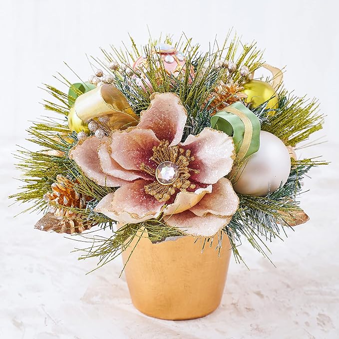 Holiday Tree Christmas Centerpiece - Blush Magnolia Arrangement with Pot Handcrafted - Jeweled Glittery Magnolia, Golden Pinecone, Ribbon, and Greenery Pine Needle (13")