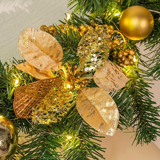 YULETIME 6 Feet Lighted Christmas Garland, Battery Operated with 20 Fairy Lights Artificial Garland, Golden Baubles, Berries, Poinsettia, Spruce Branches, Pine Needles