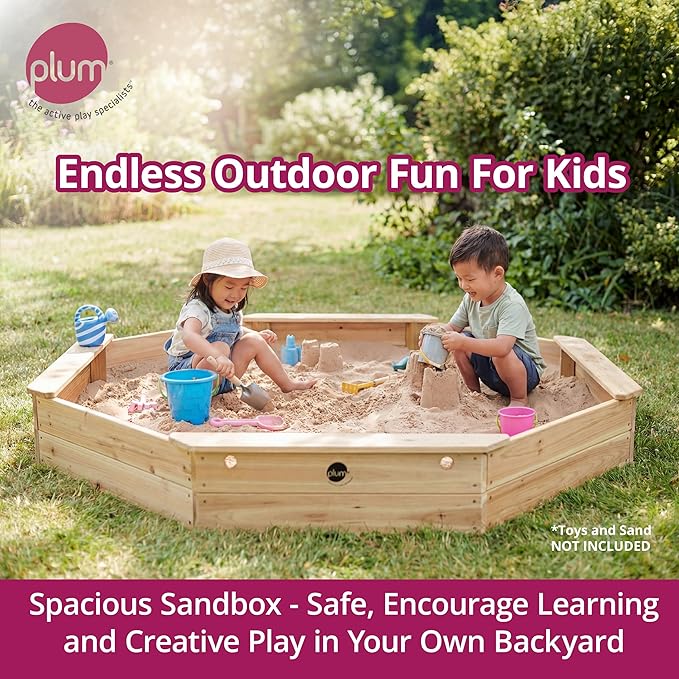 Plum Wooden Large Sandbox with Cover - Outdoor Octagon Sand Box for Kids, Toddler Sensory Toys, Outdoor Wooden Sand Pit with Seat Boards and Bottom Liner, Weatherproof, Easy Assembly, Ages 3+ Years