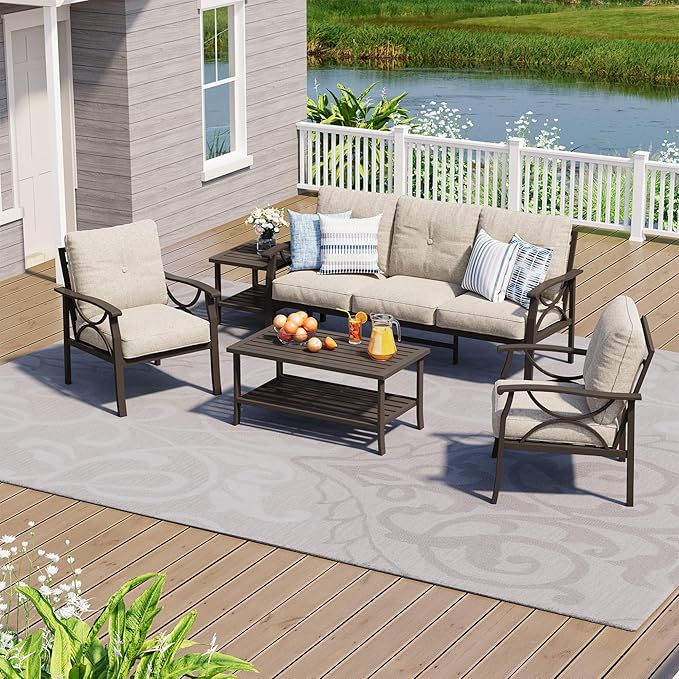 5-Piece Outdoor Patio Furniture Set, Outdoor Metal Sectional Furniture with Cushions, Outdoor Conversation Seating Set with Side Table for Deck, Backyard, Garden, Balcony, Khaki