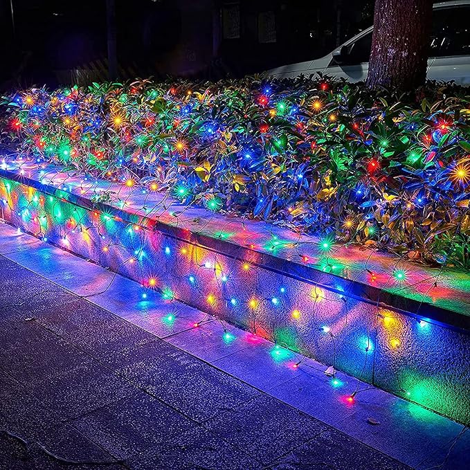 Dazzle Bright Christmas Net Lights, 360 LED 12FT x 5 FT Green Wire Waterproof Connectable String Lights with 8 Modes, Christmas Outdoor Light for Bushes Garden Holiday Decoration (Multi-Colored)