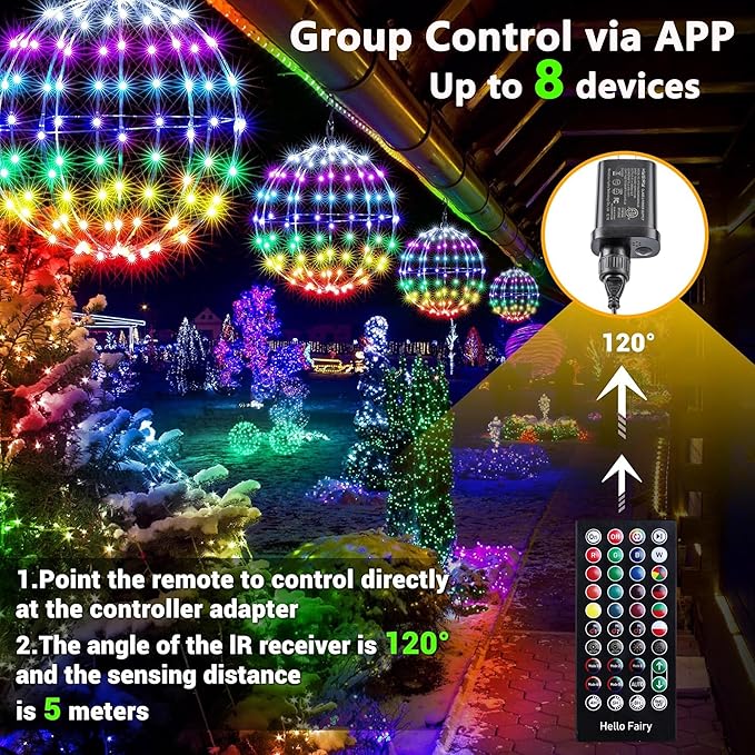 Joomer Smart RGB Christmas Hanging Ball Lights, 12in 108 LED Foldable Color Changing Xmas Light, App and Remote Control, Waterproof Outdoor Fairy Globe Lights for Christmas Decor (Non-Connectable)