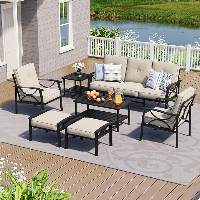 7-Piece Outdoor Patio Furniture Set, Outdoor Metal Sectional Furniture with Cushions, Outdoor Conversation Seating Set with Side Table for Backyard, Garden, Balcony, Deck, Black