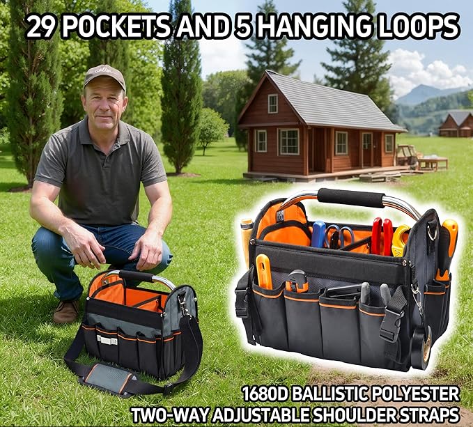 12 Inch Electrician Tool Tote Bag, 1680D Ballistic Polyester 34 Pockets Open Top Foldable Tool Bags with detachable divider, Tool Tote with Stainless Steel Handle & Padded Shoulder Strap