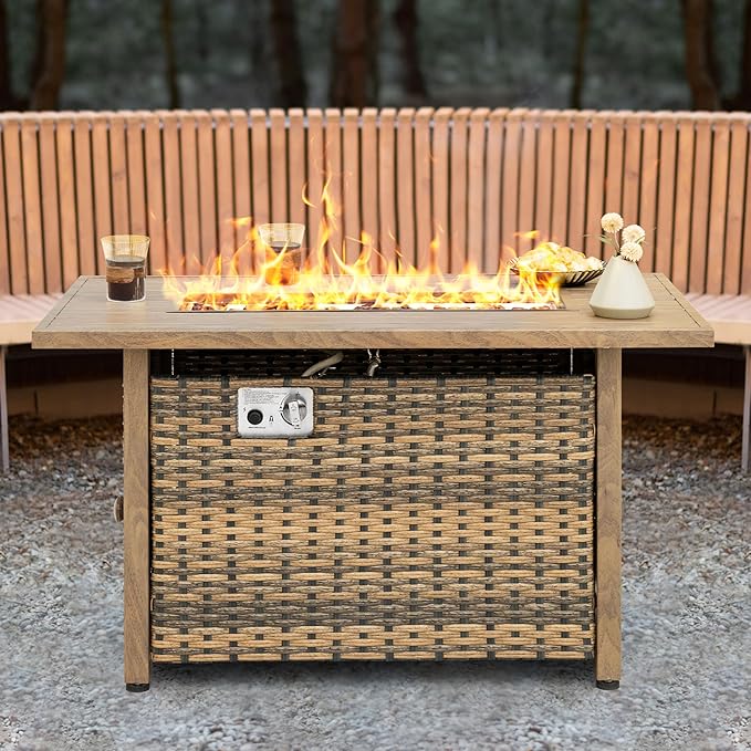 Nuu Garden 43¡± Propane Fire Pit, CSA-Listed Rattan Outdoor Fire Pit Table, 50,000 BTU Smokeless Gas Fire Table with Lid and Glass Beads, 2-in-1 Rectangular Fire Table for Outside Backyard Patio, Brown