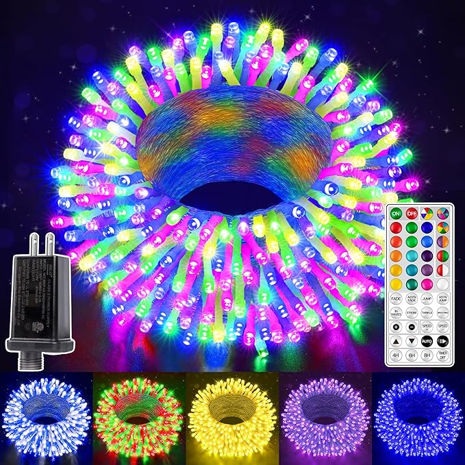 Ollny RGB Christmas Lights 200 LEDs 66 FT, 130 Modes Color Changing Connectable Christmas Lights with Remote, Timer & Waterproof, Indoor Clear Wire Xmas String Light for Outdoor House Decorations