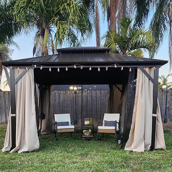 PURPLE LEAF 10’ X 12' Hardtop Gazebo Outdoor Metal Frame Galvanized Steel Double Roof with Curtains and Nettings for Patio Desk Backyard Bronze