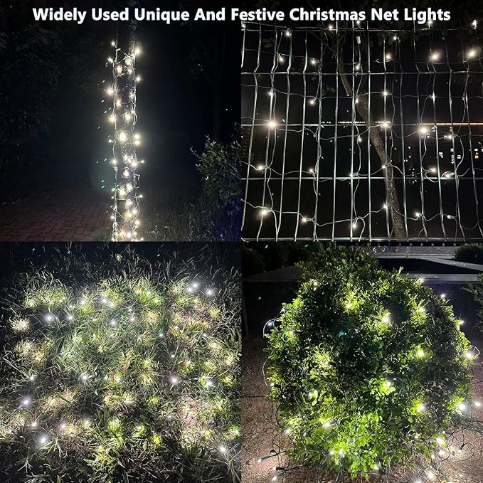 HISHINY LED Christmas Net Lights Outdoor,6ftx6ft 144LED Green Wire, Connectable Indoor Outdoor Bush Mesh Net Lights String for Halloween Christmas Party,Shrub,Yard,Tree（Cool White）