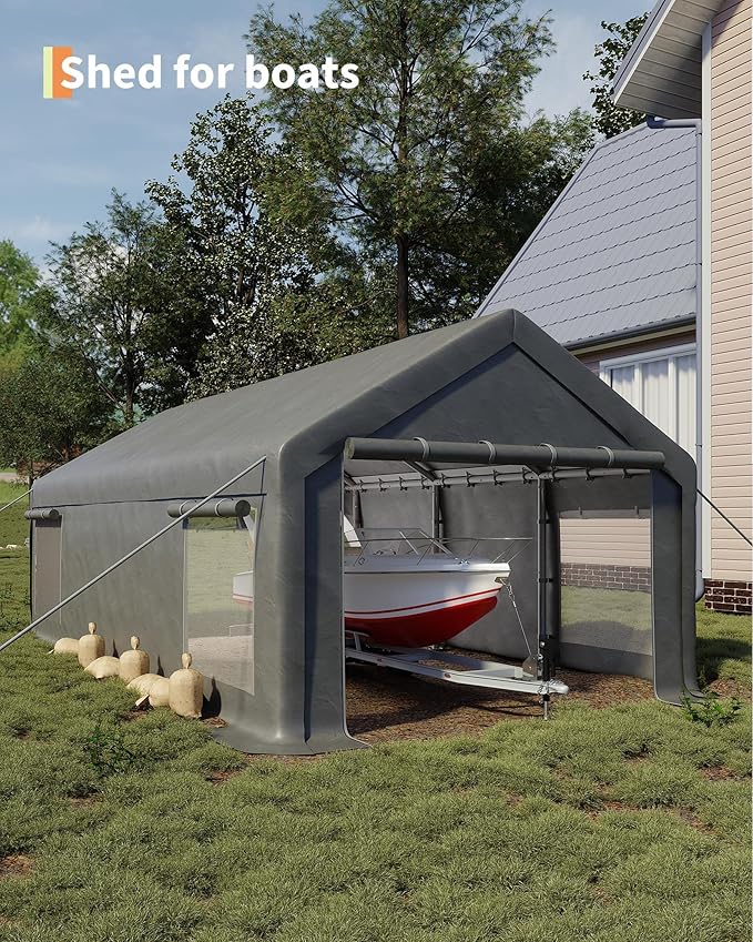 13X25 FT Portable Carport Garage with Roll-Up Windows & Doors, Heavy-Duty 200g PE Tarp, Waterproof & UV Protected Outdoor Shelter for Car, Boat, Truck, Motorcycle