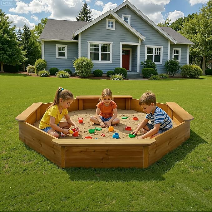 68x68x8.4 Kid's Octagonal Wooden Outdoor Sandbox,Large Natural Wooden Sandpit with 4 Benches, Bottom Liner,Sand Box for Backyard, Patio, Outdoor Play Sand Box for Kids Ages 4-8