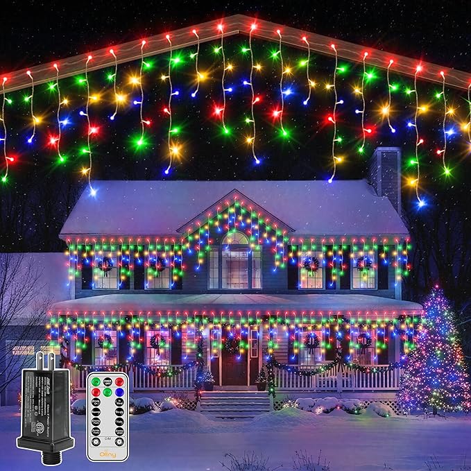 Ollny Icicle Lights for Outside 1000LED 82FT, Multicolor Christmas Light with Remote 8Modes Timers Waterproof Dimmable, Plug in Hanging Lights for Outdoor Indoor House Roof Holiday