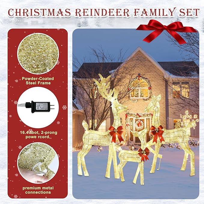 3-Piece Outdoor Lighted Christmas Reindeer Family Set, 3D Plug in 320 Count Warm Lighted Deer Christmas Decoration, Holiday Decor for Yard Patio Lawn Garden Party
