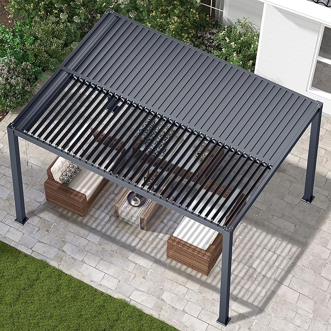 RoyalCraft 10' x 13' Louvered Pergola, Heavy-Duty Aluminum Outdoor Pergola, Metal Hardtop Gazebo with Adjustable Roof for Patio Deck Garden Yard, Grey