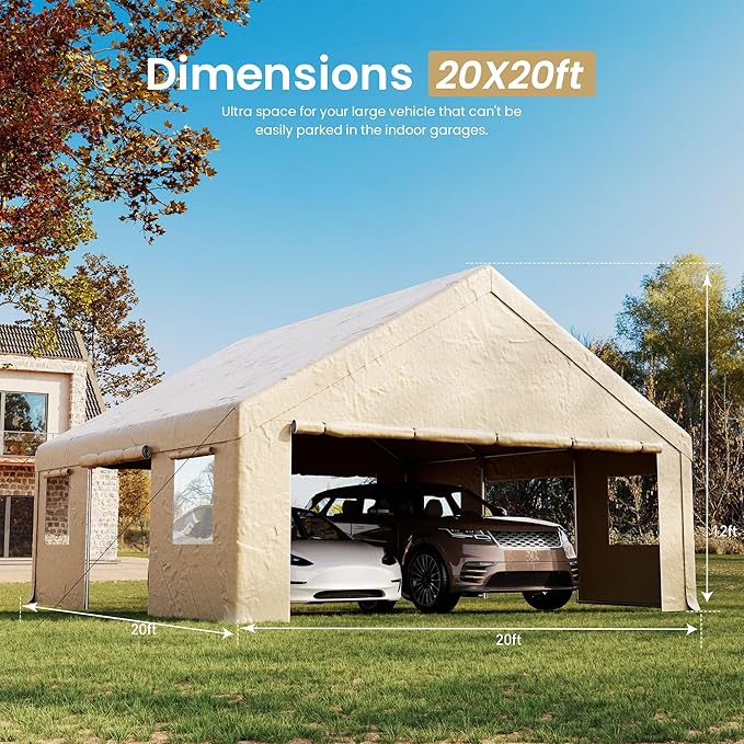 20x20ft Heavy Duty Carport, Canopy with Roll-up Ventilated Windows & Side Door All Weather, Easy Assembly Portable Car Shelter for Garage/Storage/Party
