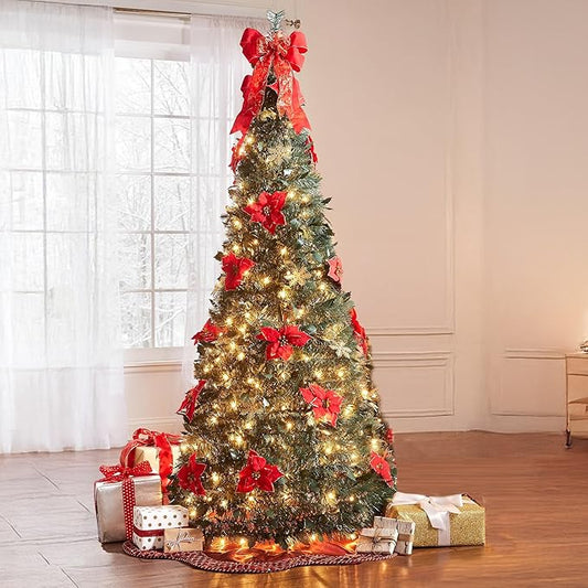BrylaneHome 6 Ft Fully Decorated Pre-Lit Pop-Up Christmas Tree with 350 Warm Lights & Included Stand, Collapsible, Easy Assembly - Poinsettia