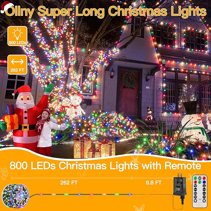 Ollny Christmas Lights 800 LED 262FT Plug in, IP67 Waterproof Green Wire Outdoor Christmas Lights with Remote, 8 Modes with Timer String Light for House Indoor Xmas Decorations Multicolored