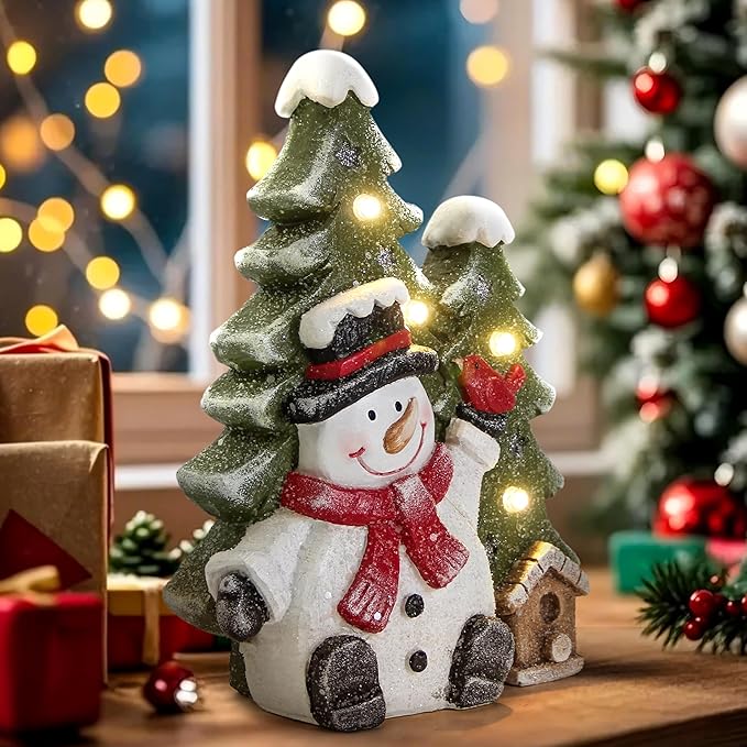 Christmas Snowman Decor with Led Lights,Snowman Statues and Figurines for Indoor Christmas Decorations,Winter Holiday Xmas gifts for Women,Xmas Statues with Timer for home Office Table Shelf Fireplace