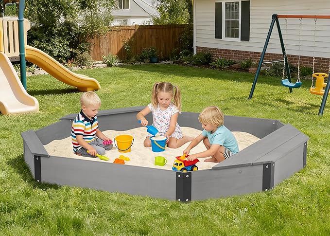 75.5''x53''x8.5'' Octagon Sandbox with Storage Box for Kids Outdoor Play, Wood Large Sandpit with Cover & 3 Benches, Quick Easy Install