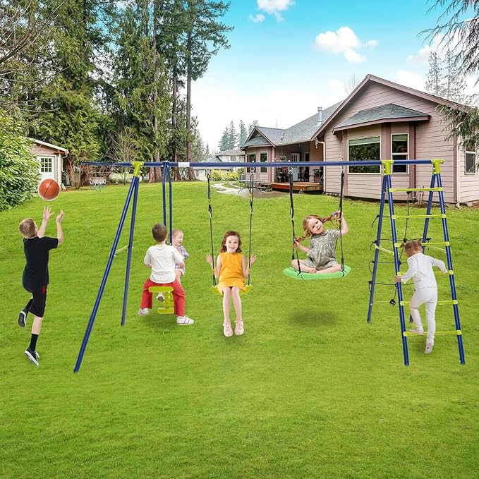 Costzon Swing Sets for Backyard, 6 in 1 Heavy-Duty Metal Swing Set with 2 Swings, Glider, Basketball Hoop, Climbing Ladder and Net, Playground Sets for Backyards, Outdoor Playset for Kids 3+ (Green)
