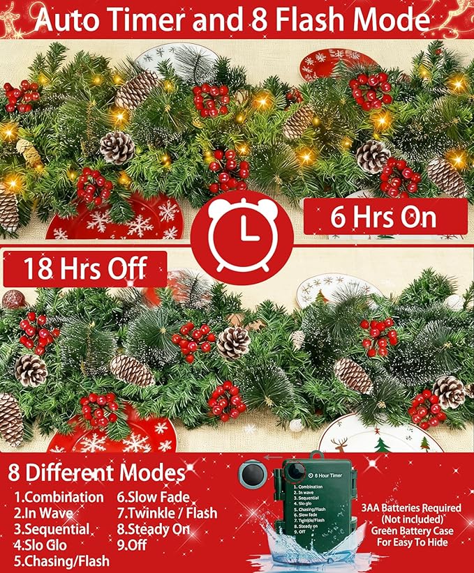 Timer 8 Mode - 9Ft by 10 Inch Prelit Christmas Garland with 50 Warm Lights,Thick 270 Snowy Tips 70 Red Berry 10 Pinecone Battery Operated Real Touch Cedar Xmas Garland Door Mantle Indoor Outdoor