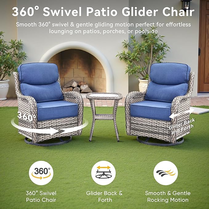 Luxury High Back Outdoor Swivel Rocker Patio Chairs with Side Table & 6-Inch Thick Cushions, 2 Pieces Patio Furniture Set for Porch, Balcony, Deck and Yard