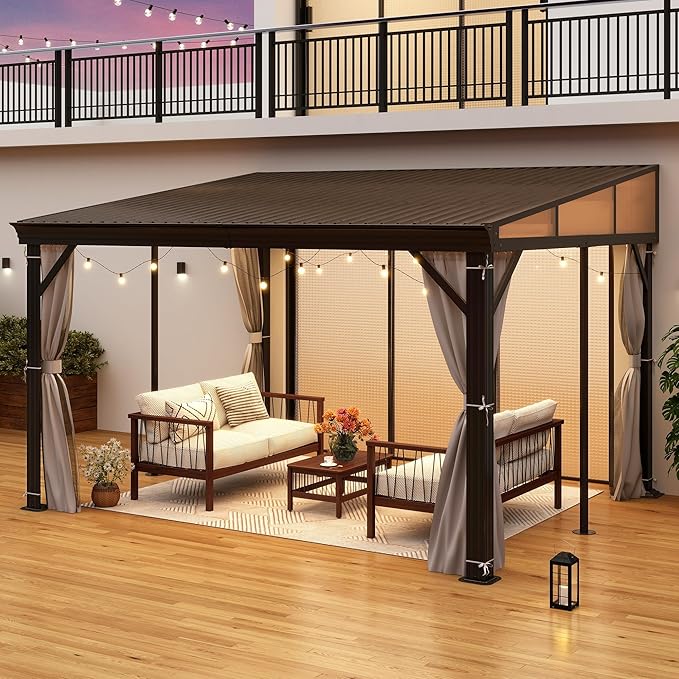10' x 12' Hardtop Wall Mounted Gazebo, Lean to Gazebo with Galvanized Steel Roof Aluminum Frame Wall Gazebos Pergola with Netting&Curtains for Outdoor, Backyard, Patio