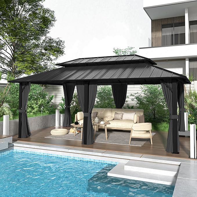 12' x 20' Hardtop Gazebo, Aluminum Frame Gazebo with Double Galvanized Steel Roof, Outdoor Permanent Pavilion with Netting & Curtains for Backyard, Garden, or Deck, Grey