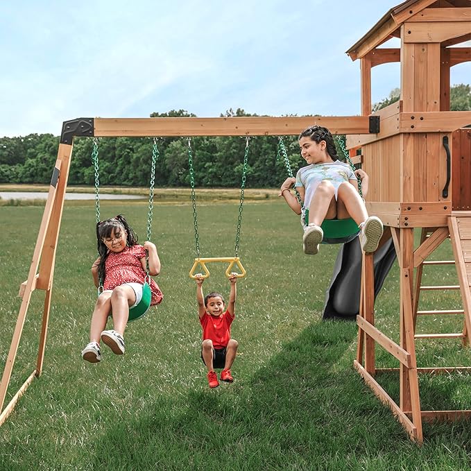 Backyard Discovery Sterling Point Cedar Wood Swing Set with Wave Slide, Raised Clubhouse, Wooden Bridge, Rock Wall, Belt Swings, Web Swing, Trapeze, Balcony, Climbing Wall, Ladder, Outdoor Playset