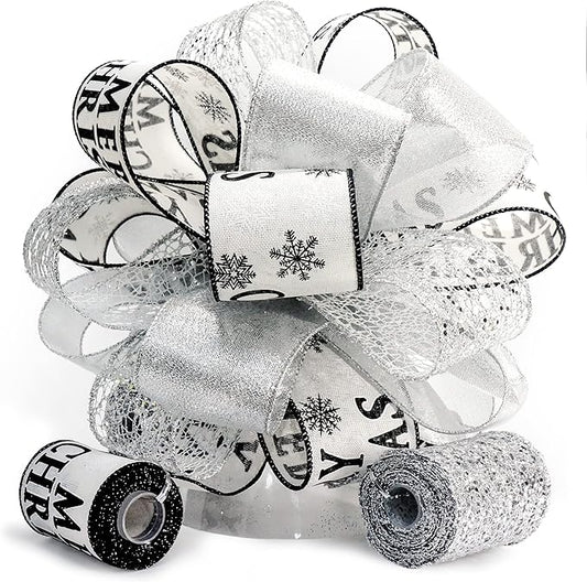 CT CRAFT LLC Silver with Black Christmas Christmas Tree Topper Bow 11" with 4 Ribbon Streamers x 3 Yards Long Each for Holidy Elegant Fancy Home Décor Indoor