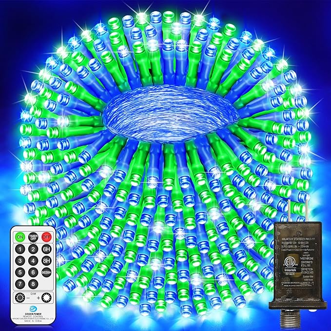 403 FT 1000 LED Christmas Lights Outdoor Fairy Lights Plug In Extra Long String Lights Clear Wire Waterproof 8 Modes Timer for Outside House Tree Garden Yard Wedding Party Decorations-Blue and Green