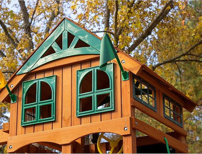 Gorilla Playsets 01-1066-Y Outing Wood Swing Set with Wood Roof and Trapeze Arm - Yellow Slide
