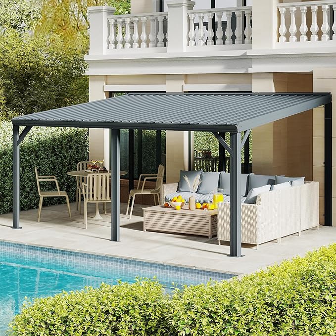 Domi 10' x 16' Lean to Gazebo, Wall Mounted Gazebos Pergola with Built in Drainage System, Galvanized Steel Roof, Hardtop Patio Shelter for Deck, Porch, Backyard and More,Gray