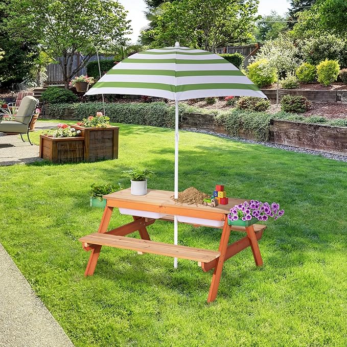 Kids Picnic Table, Outdoor Wooden Table w/Adjustable Umbrella & Garden Bed, 4-in-1 Sand & Water Activity Table w/Built-in Bench & Removable Boxes, Patio, Backyard