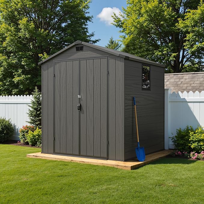 Greesum 6x6FT Plastic Outdoor Storage Shed with Floor, Resin Storaged Sheds with Lockable Double Door, Window and Vents, All-Weather Tool Sheds for Garden, Backyard, Patio, Dark Gray