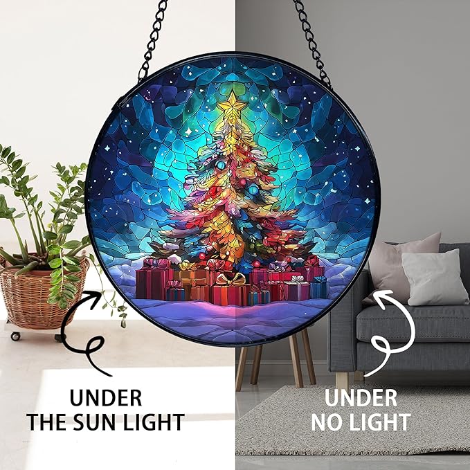 TNUW Christmas Tree Stained Glass Window Hanging, Rustic Winter Holiday Xmas Tree Sun Catchers Indoor Window Glass Round Wall Art Decor, Christmas Wall Hanging Decorations, 7.9＂x7.9＂