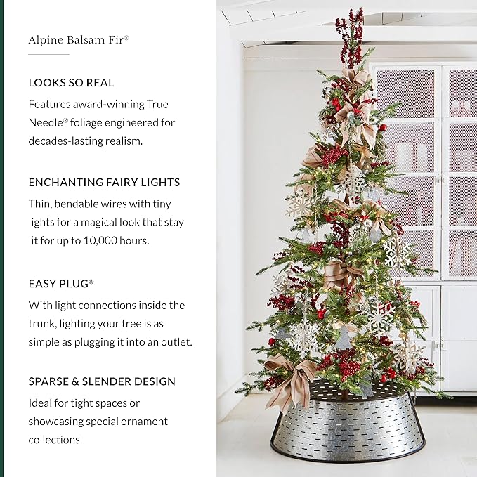 Balsam Hill 6.5ft Pre-Lit Alpine Balsam Fir - Sparse Artificial Christmas Tree with 400 Clear LED Fairy Lights, Pre-Fluffed Memory Wire Branches & Easy Plug Technology for Elegant Spaces